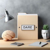 a desk with a dare sign on it and a brain on it
