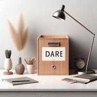 a wooden box with the word dare on it sits on a desk