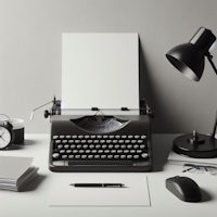 a desk with a typewriter and other items on it