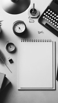 a black and white photo of a desk with a typewriter and other office items